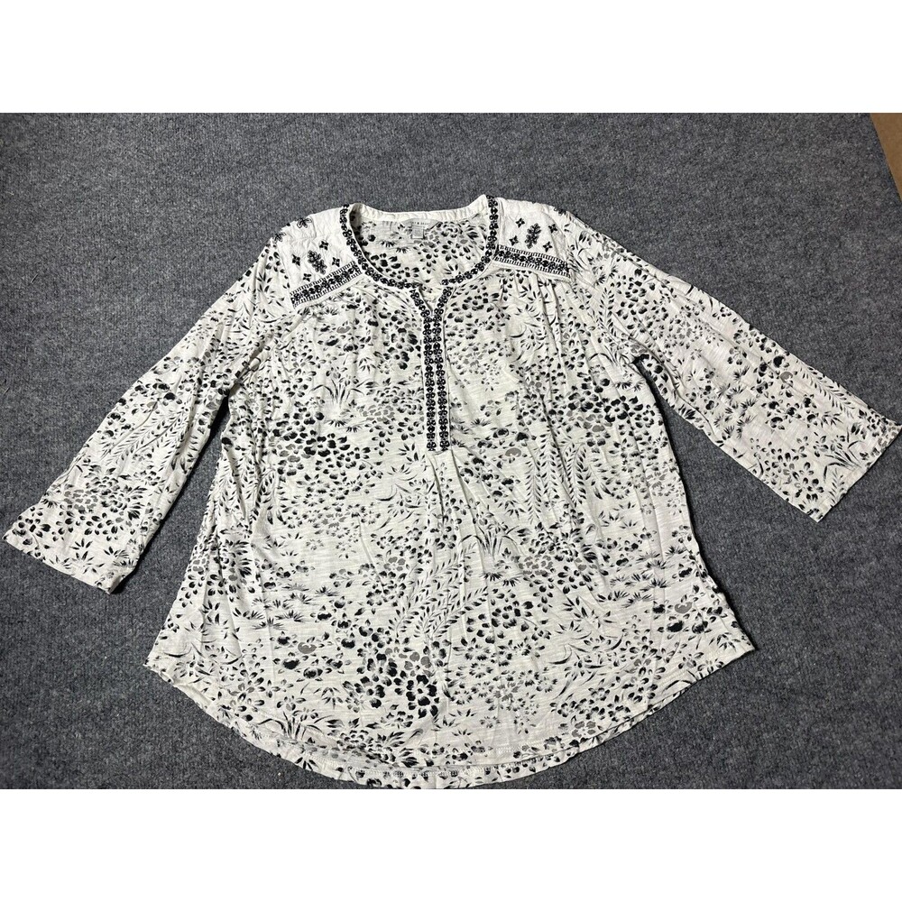 Lucky Brand Blouse Womens L White Black Floral Embroidered Tunic Top Long Sleeve